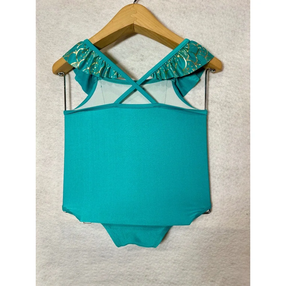 Cat & Jack Girls Teal Mermaid Swimsuit and Skirt Cover Up Set 4T Gold Foil Scale